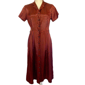 Rare Vintage 1950s Red Plaid Button Up Midi Dress Women’s Small Retro